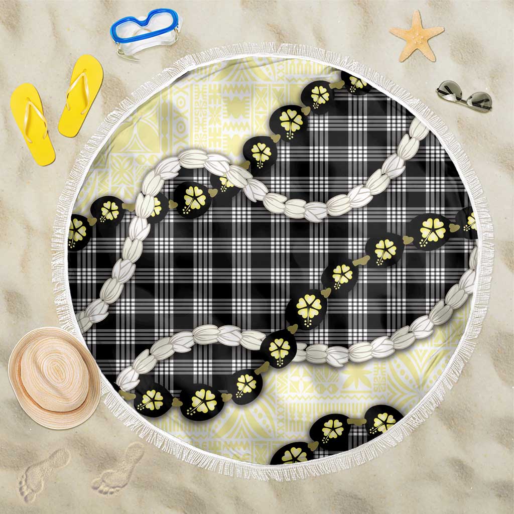 Black Palaka Hawaii Beach Blanket Kukui Nut Pikake Lei Hawaiian Tapa Pattern - Polynesian Pride