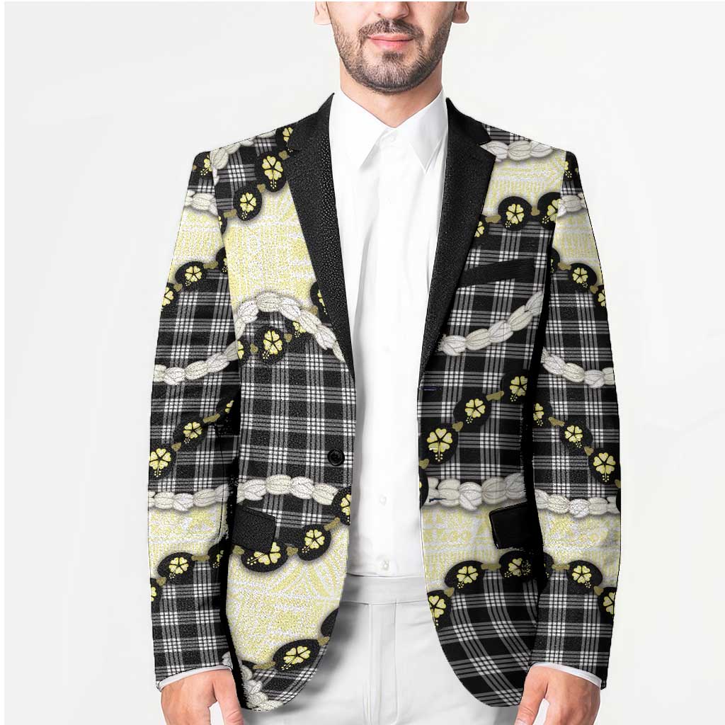 Black Palaka Hawaii Blazer Kukui Nut Pikake Lei Hawaiian Tapa Pattern - Polynesian Pride