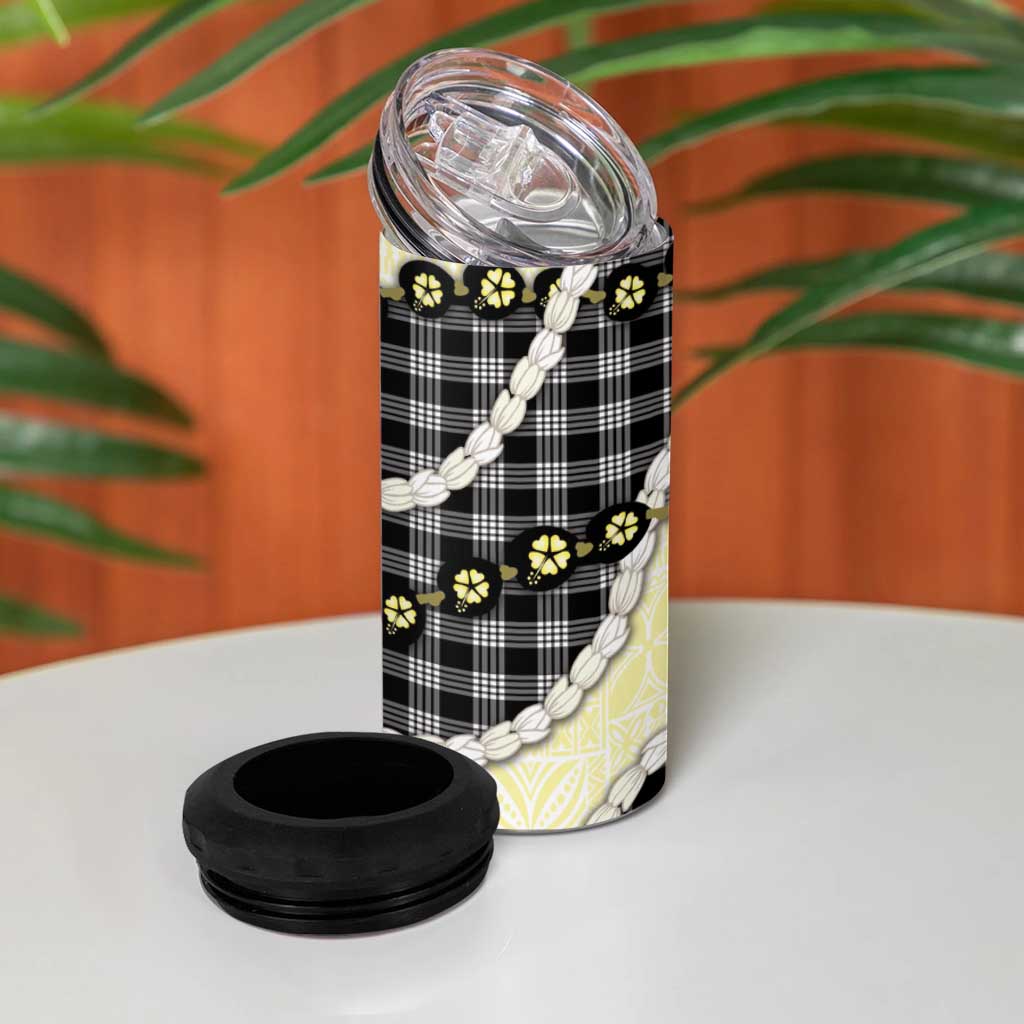 Black Palaka Hawaii 4 in 1 Can Cooler Tumbler Kukui Nut Pikake Lei Hawaiian Tapa Pattern - Polynesian Pride