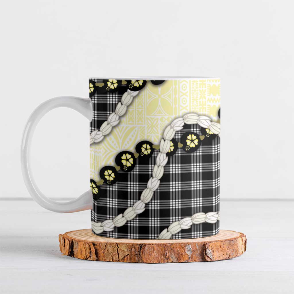 Black Palaka Hawaii Ceramic Mug Kukui Nut Pikake Lei Hawaiian Tapa Pattern - Polynesian Pride