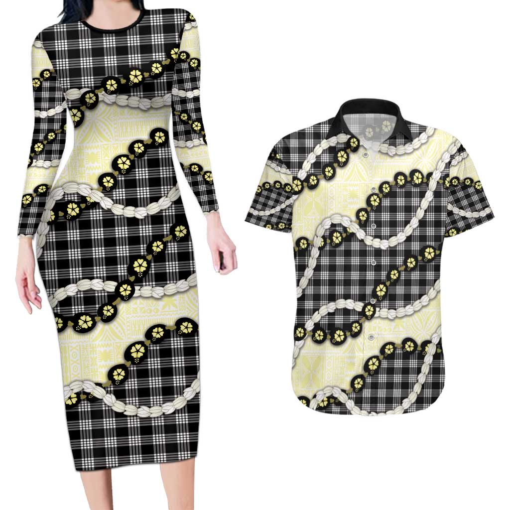 Black Palaka Hawaii Couples Matching Long Sleeve Bodycon Dress and Hawaiian Shirt Kukui Nut Pikake Lei Hawaiian Tapa Pattern - Polynesian Pride