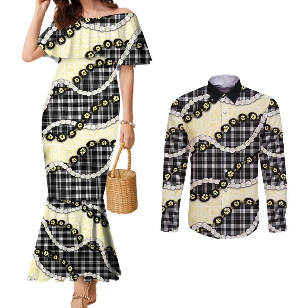Black Palaka Hawaii Couples Matching Mermaid Dress and Long Sleeve Button Shirt Kukui Nut Pikake Lei Hawaiian Tapa Pattern - Polynesian Pride