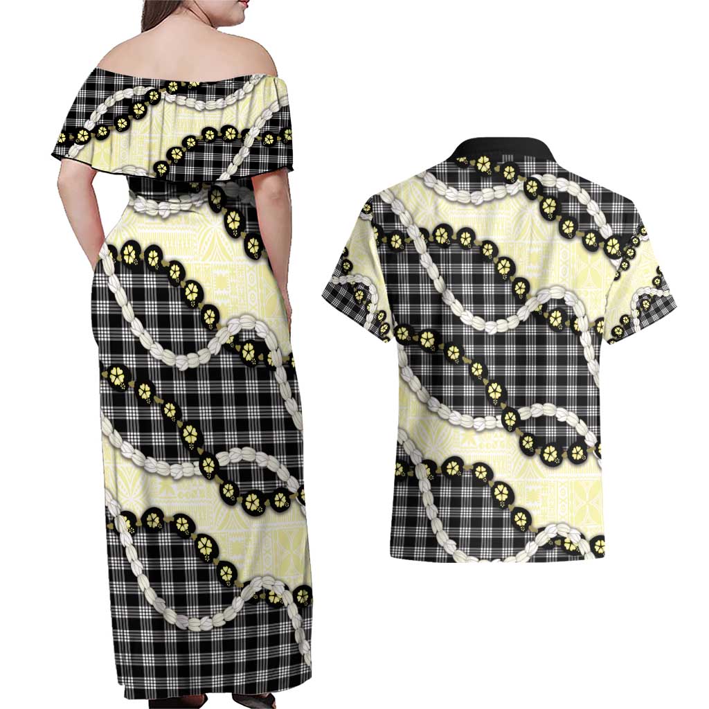Black Palaka Hawaii Couples Matching Off Shoulder Maxi Dress and Hawaiian Shirt Kukui Nut Pikake Lei Hawaiian Tapa Pattern - Polynesian Pride