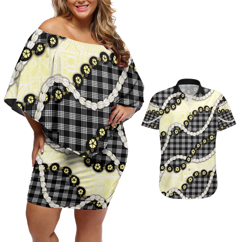 Black Palaka Hawaii Couples Matching Off Shoulder Short Dress and Hawaiian Shirt Kukui Nut Pikake Lei Hawaiian Tapa Pattern - Polynesian Pride