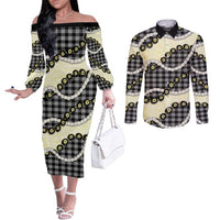 Black Palaka Hawaii Couples Matching Off The Shoulder Long Sleeve Dress and Long Sleeve Button Shirt Kukui Nut Pikake Lei Hawaiian Tapa Pattern - Polynesian Pride