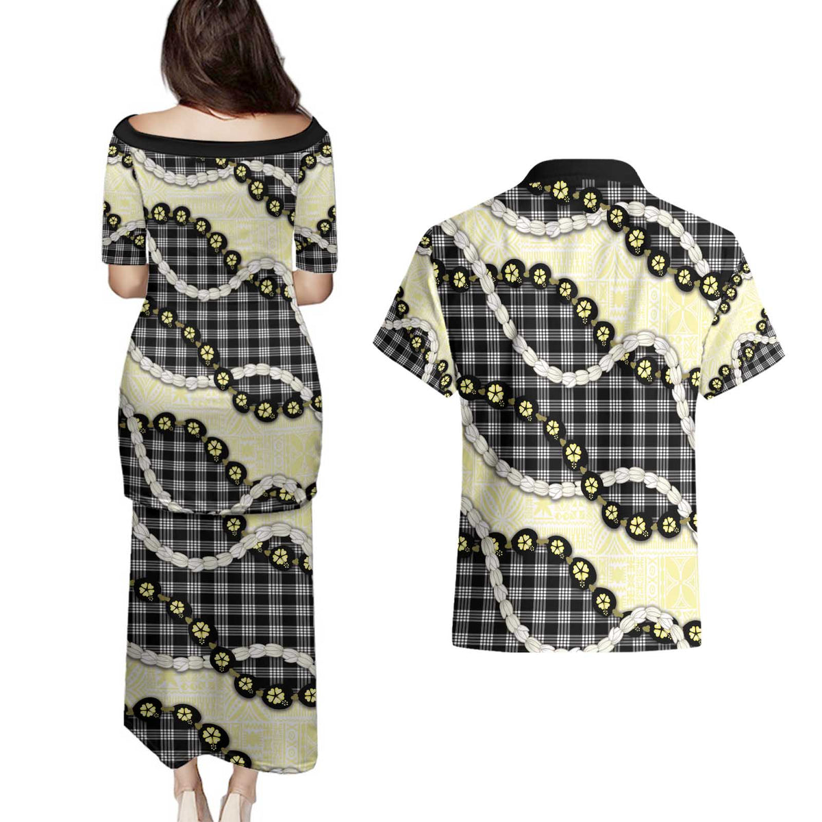 Black Palaka Hawaii Couples Matching Puletasi and Hawaiian Shirt Kukui Nut Pikake Lei Hawaiian Tapa Pattern - Polynesian Pride