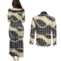 Black Palaka Hawaii Couples Matching Puletasi and Long Sleeve Button Shirt Kukui Nut Pikake Lei Hawaiian Tapa Pattern - Polynesian Pride