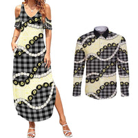 Black Palaka Hawaii Couples Matching Summer Maxi Dress and Long Sleeve Button Shirt Kukui Nut Pikake Lei Hawaiian Tapa Pattern - Polynesian Pride