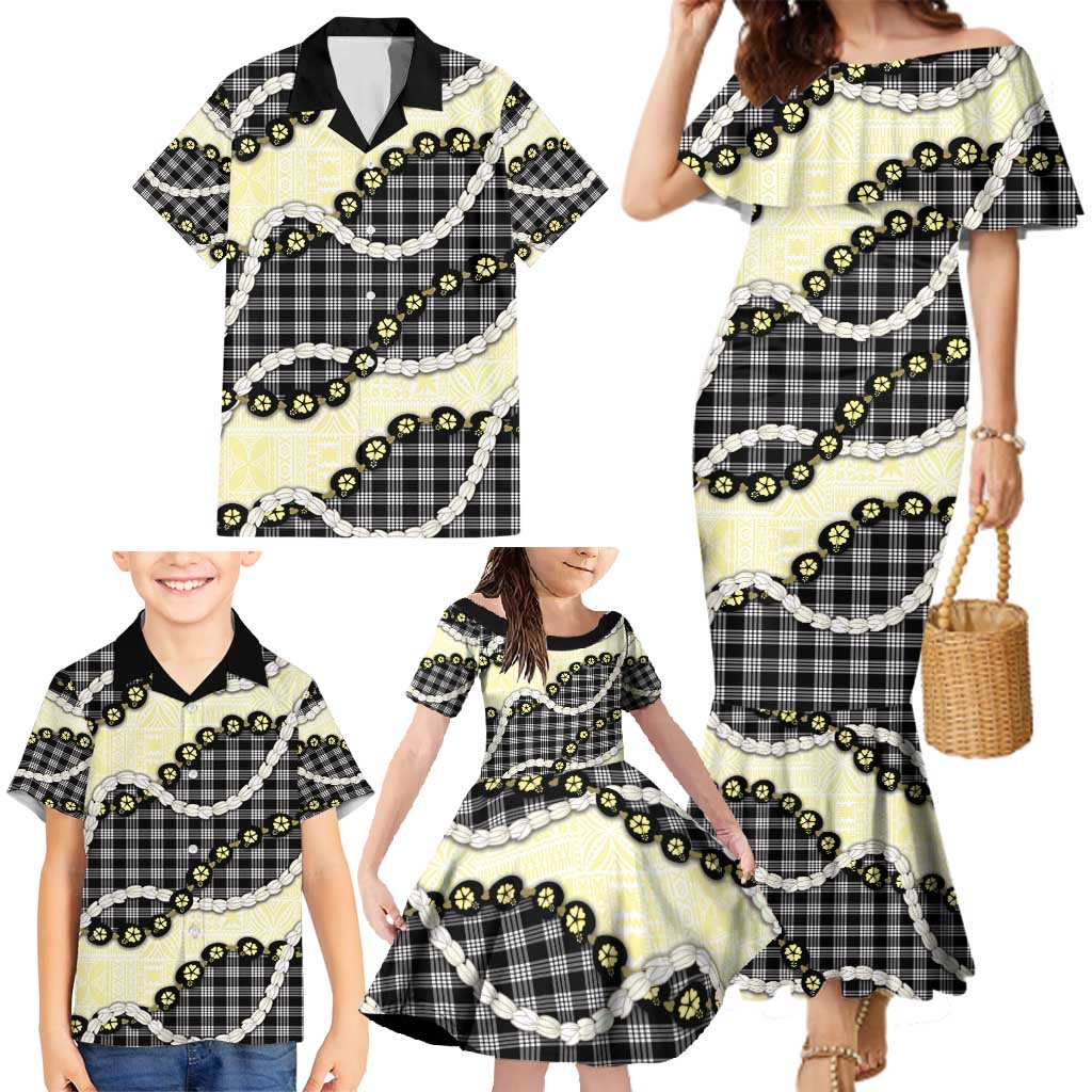 Black Palaka Hawaii Family Matching Mermaid Dress and Hawaiian Shirt Kukui Nut Pikake Lei Hawaiian Tapa Pattern - Polynesian Pride