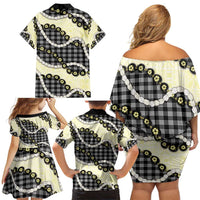 Black Palaka Hawaii Family Matching Off Shoulder Short Dress and Hawaiian Shirt Kukui Nut Pikake Lei Hawaiian Tapa Pattern - Polynesian Pride