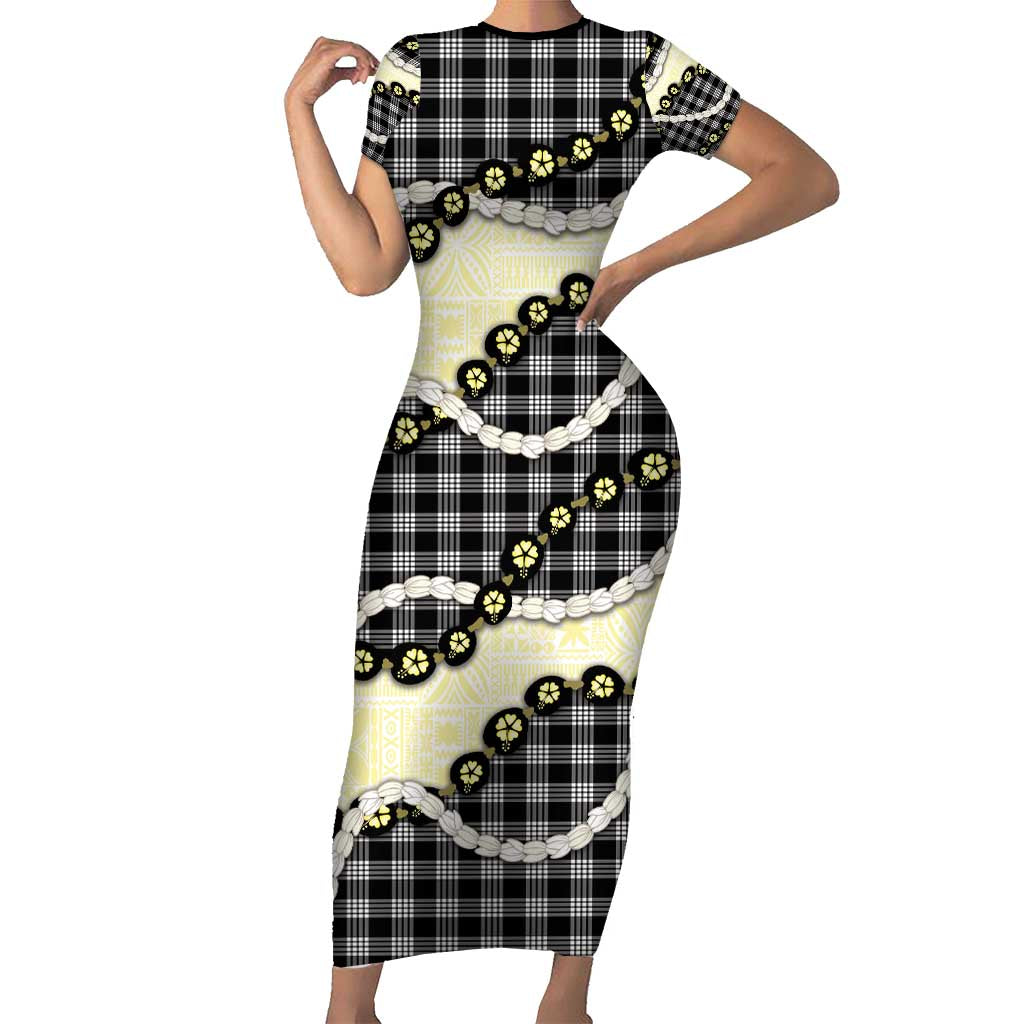 Black Palaka Hawaii Family Matching Short Sleeve Bodycon Dress and Hawaiian Shirt Kukui Nut Pikake Lei Hawaiian Tapa Pattern - Polynesian Pride