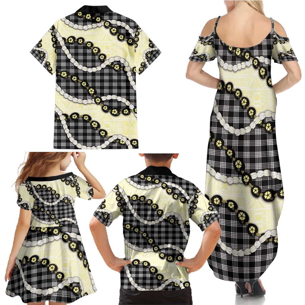 Black Palaka Hawaii Family Matching Summer Maxi Dress and Hawaiian Shirt Kukui Nut Pikake Lei Hawaiian Tapa Pattern - Polynesian Pride
