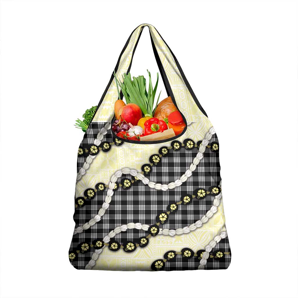 Black Palaka Hawaii Grocery Bag Kukui Nut Pikake Lei Hawaiian Tapa Pattern - Polynesian Pride