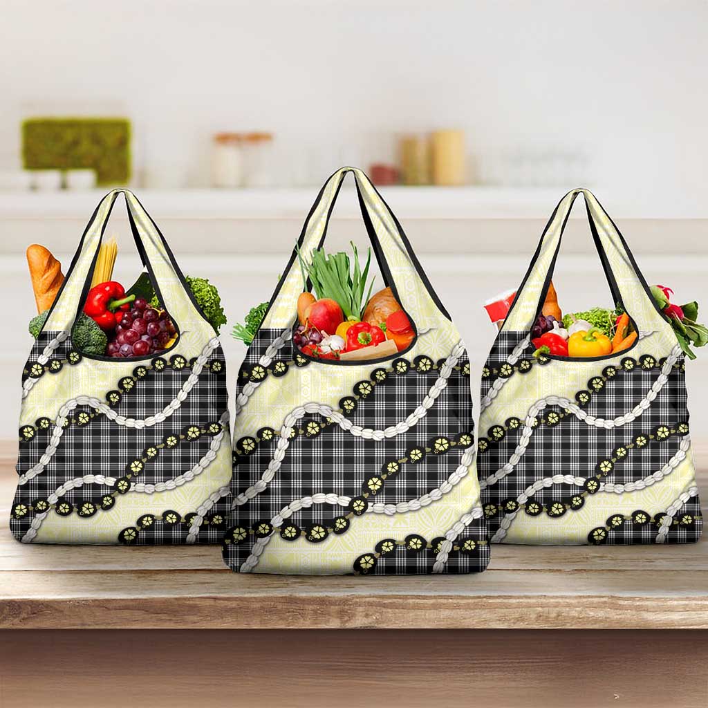 Black Palaka Hawaii Grocery Bag Kukui Nut Pikake Lei Hawaiian Tapa Pattern - Polynesian Pride