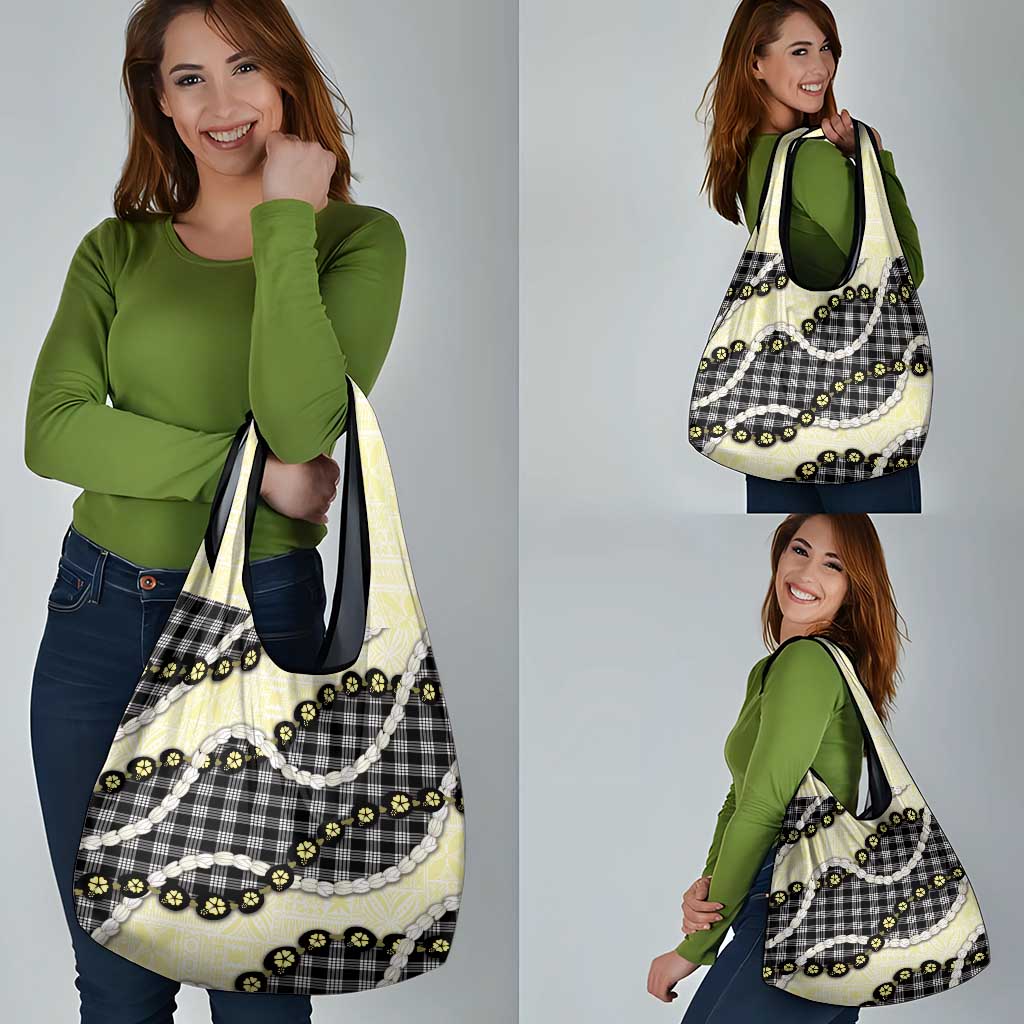 Black Palaka Hawaii Grocery Bag Kukui Nut Pikake Lei Hawaiian Tapa Pattern - Polynesian Pride