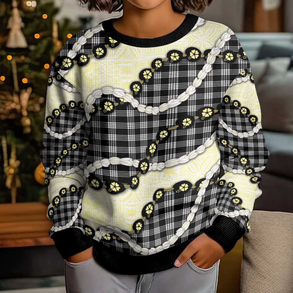 Black Palaka Hawaii Kid Ugly Christmas Sweater Kukui Nut Pikake Lei Hawaiian Tapa Pattern - Polynesian Pride