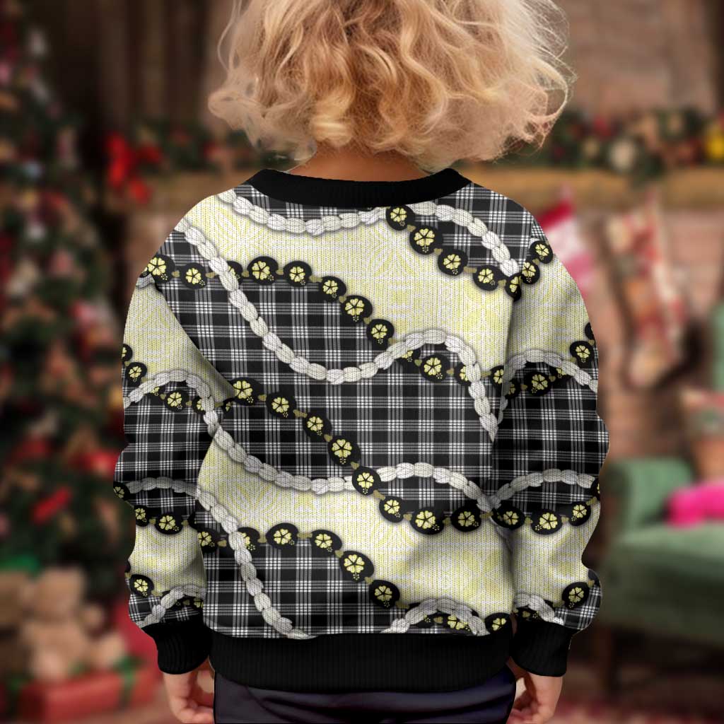 Black Palaka Hawaii Kid Ugly Christmas Sweater Kukui Nut Pikake Lei Hawaiian Tapa Pattern - Polynesian Pride