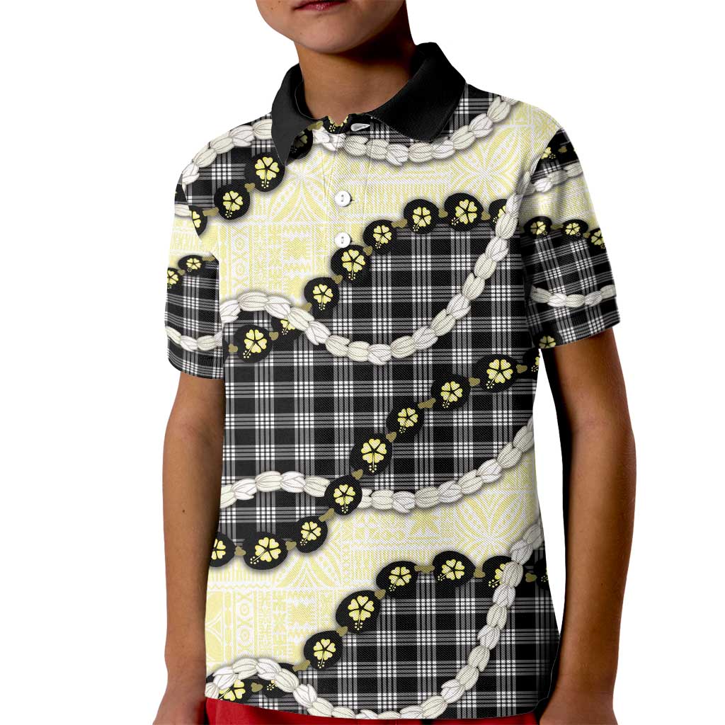 Black Palaka Hawaii Kid Polo Shirt Kukui Nut Pikake Lei Hawaiian Tapa Pattern - Polynesian Pride