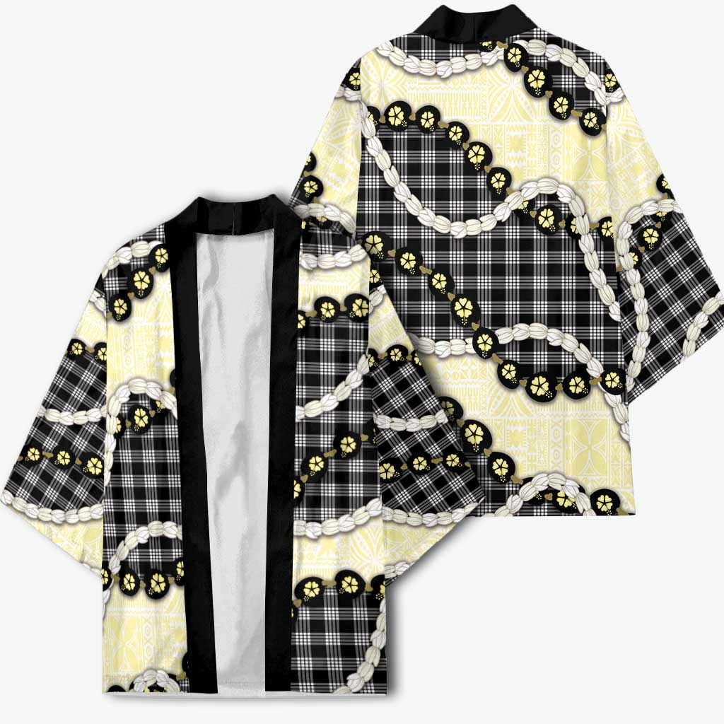 Black Palaka Hawaii Kimono Kukui Nut Pikake Lei Hawaiian Tapa Pattern - Polynesian Pride