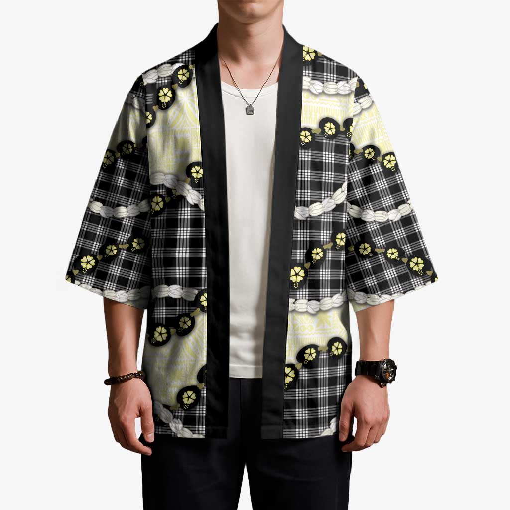 Black Palaka Hawaii Kimono Kukui Nut Pikake Lei Hawaiian Tapa Pattern - Polynesian Pride