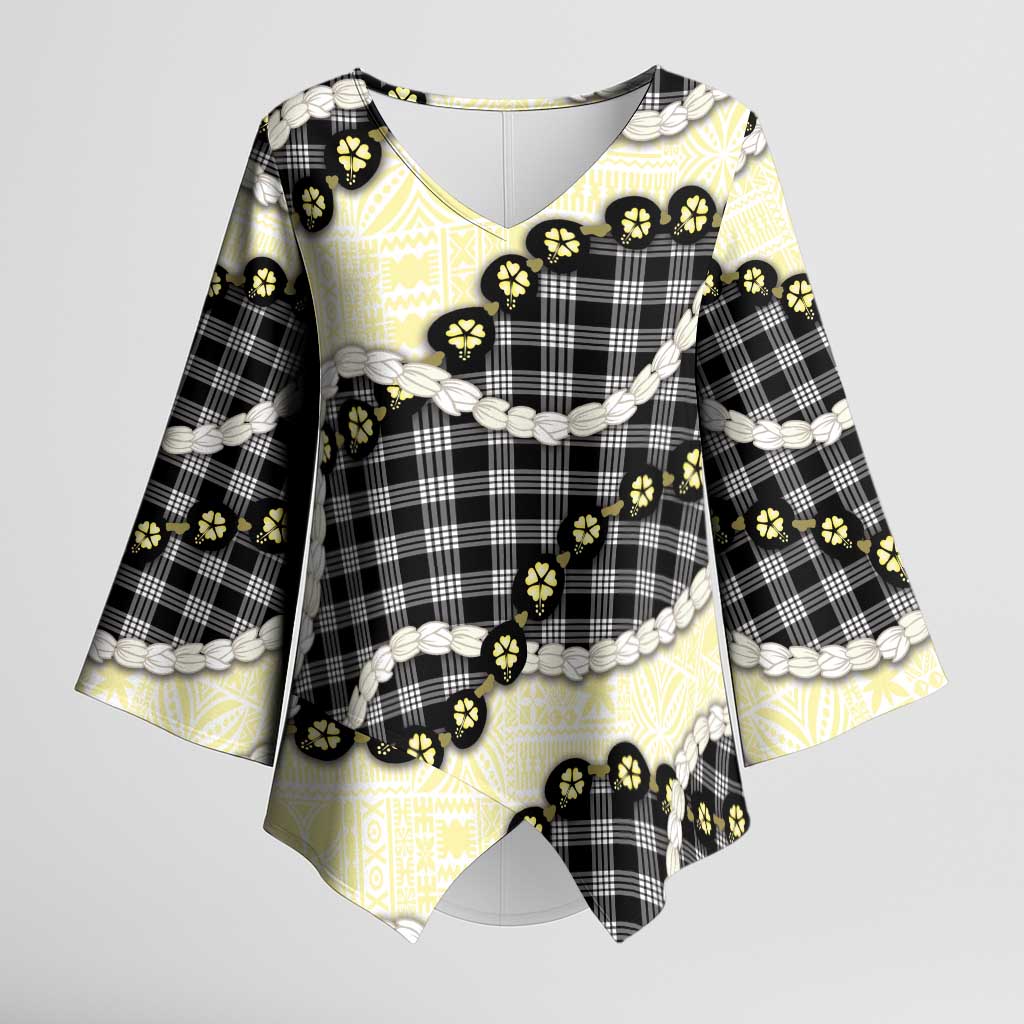 Black Palaka Hawaii Kimono Sleeve Blouse Kukui Nut Pikake Lei Hawaiian Tapa Pattern - Polynesian Pride