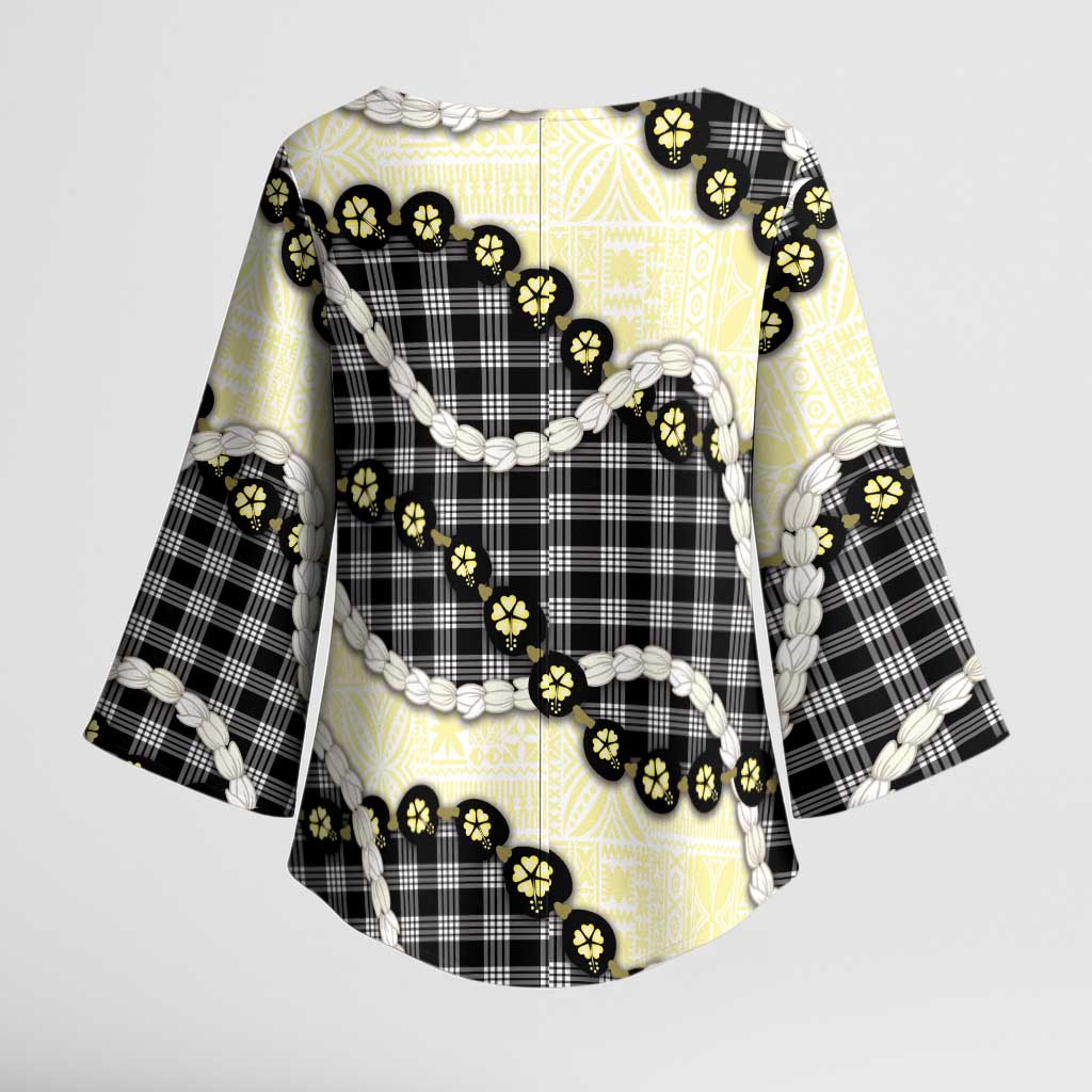 Black Palaka Hawaii Kimono Sleeve Blouse Kukui Nut Pikake Lei Hawaiian Tapa Pattern - Polynesian Pride