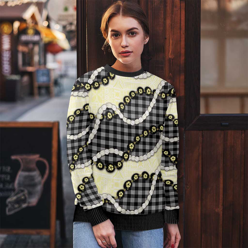 Black Palaka Hawaii Ugly Christmas Sweater Kukui Nut Pikake Lei Hawaiian Tapa Pattern - Polynesian Pride