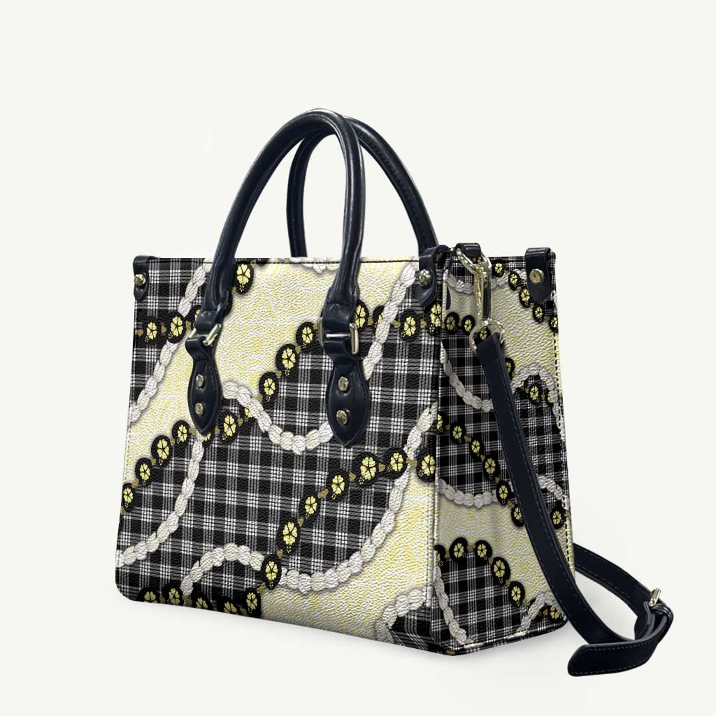 Black Palaka Hawaii Leather Bag Kukui Nut Pikake Lei Hawaiian Tapa Pattern - Polynesian Pride