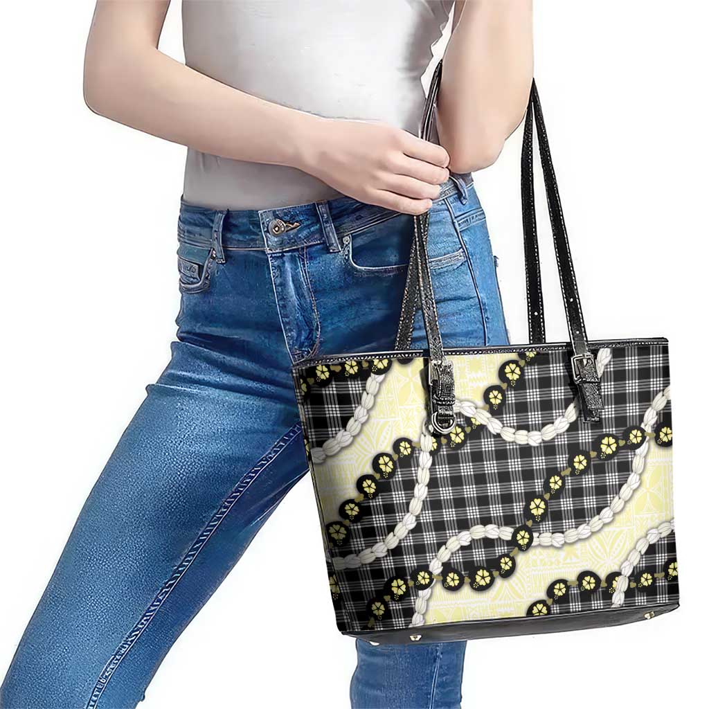 Black Palaka Hawaii Leather Tote Bag Kukui Nut Pikake Lei Hawaiian Tapa Pattern - Polynesian Pride