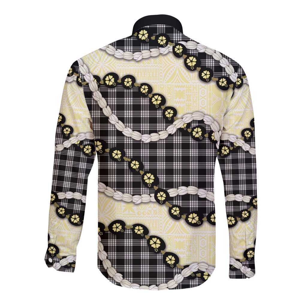 Black Palaka Hawaii Long Sleeve Button Shirt Kukui Nut Pikake Lei Hawaiian Tapa Pattern - Polynesian Pride