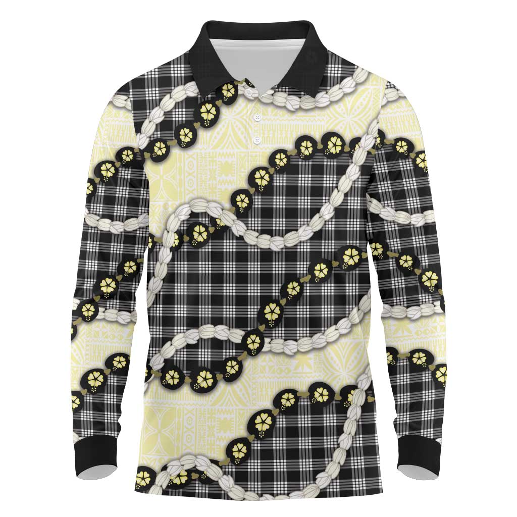 Black Palaka Hawaii Long Sleeve Polo Shirt Kukui Nut Pikake Lei Hawaiian Tapa Pattern - Polynesian Pride