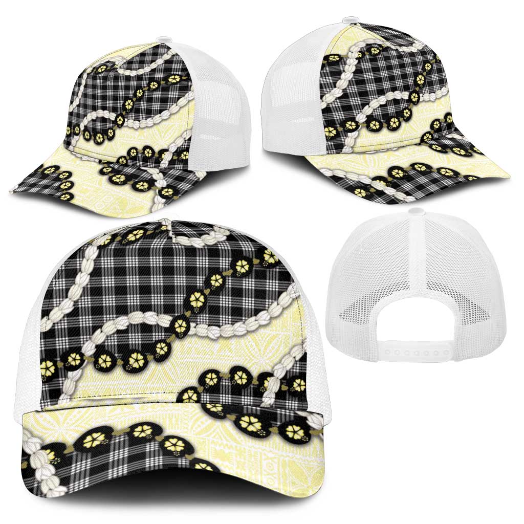 Black Palaka Hawaii Mesh Trucker Cap Kukui Nut Pikake Lei Hawaiian Tapa Pattern - Polynesian Pride