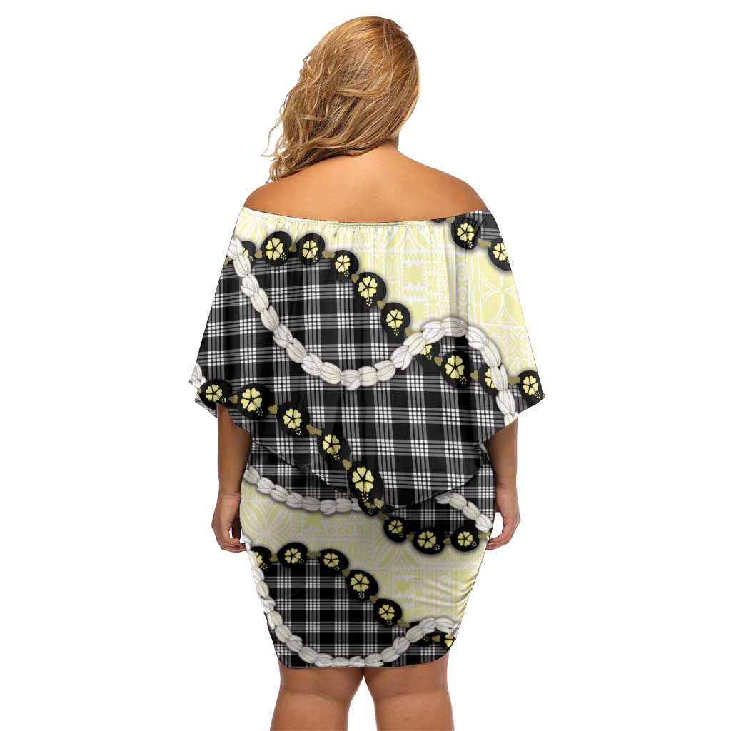 Black Palaka Hawaii Off Shoulder Short Dress Kukui Nut Pikake Lei Hawaiian Tapa Pattern - Polynesian Pride