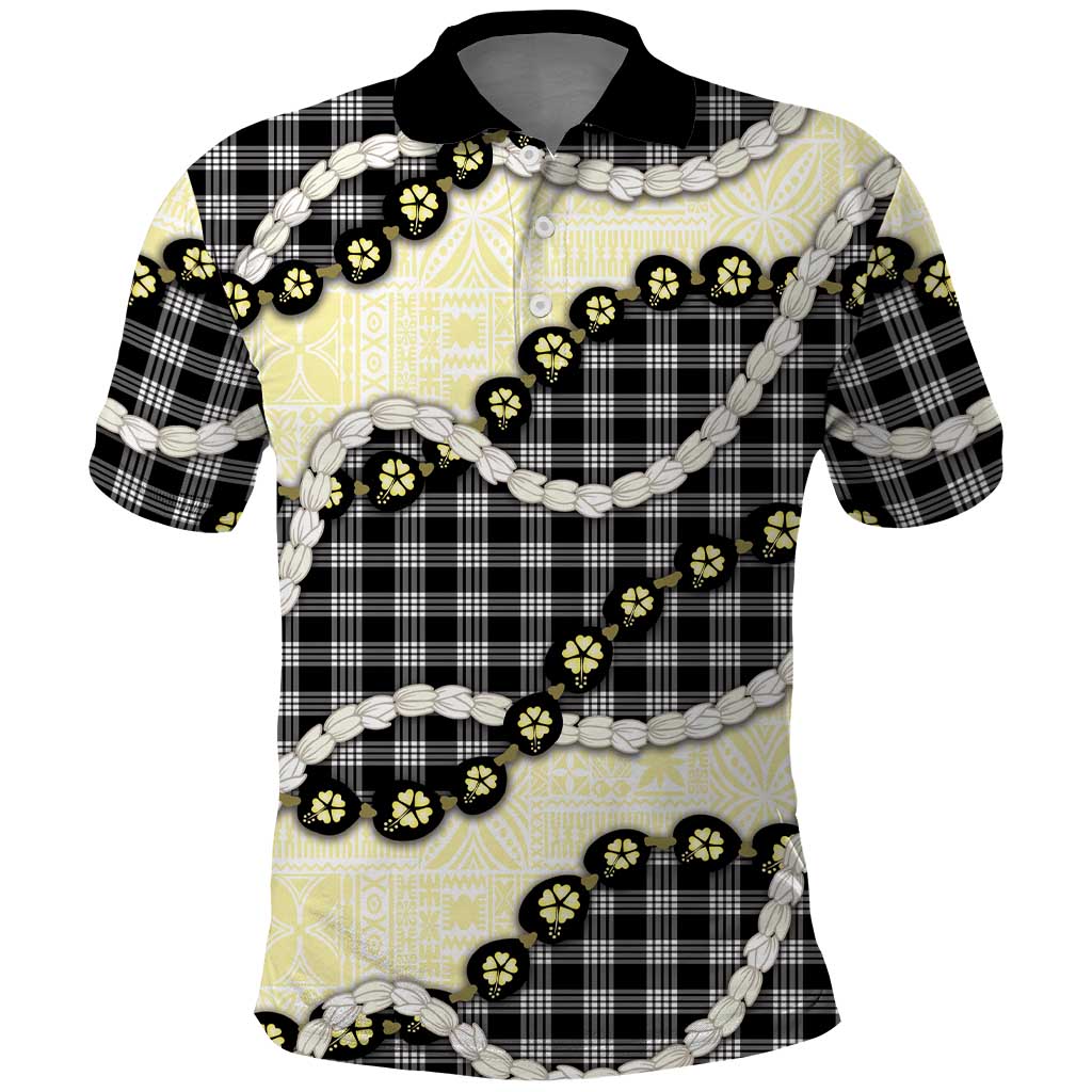 Black Palaka Hawaii Polo Shirt Kukui Nut Pikake Lei Hawaiian Tapa Pattern - Polynesian Pride