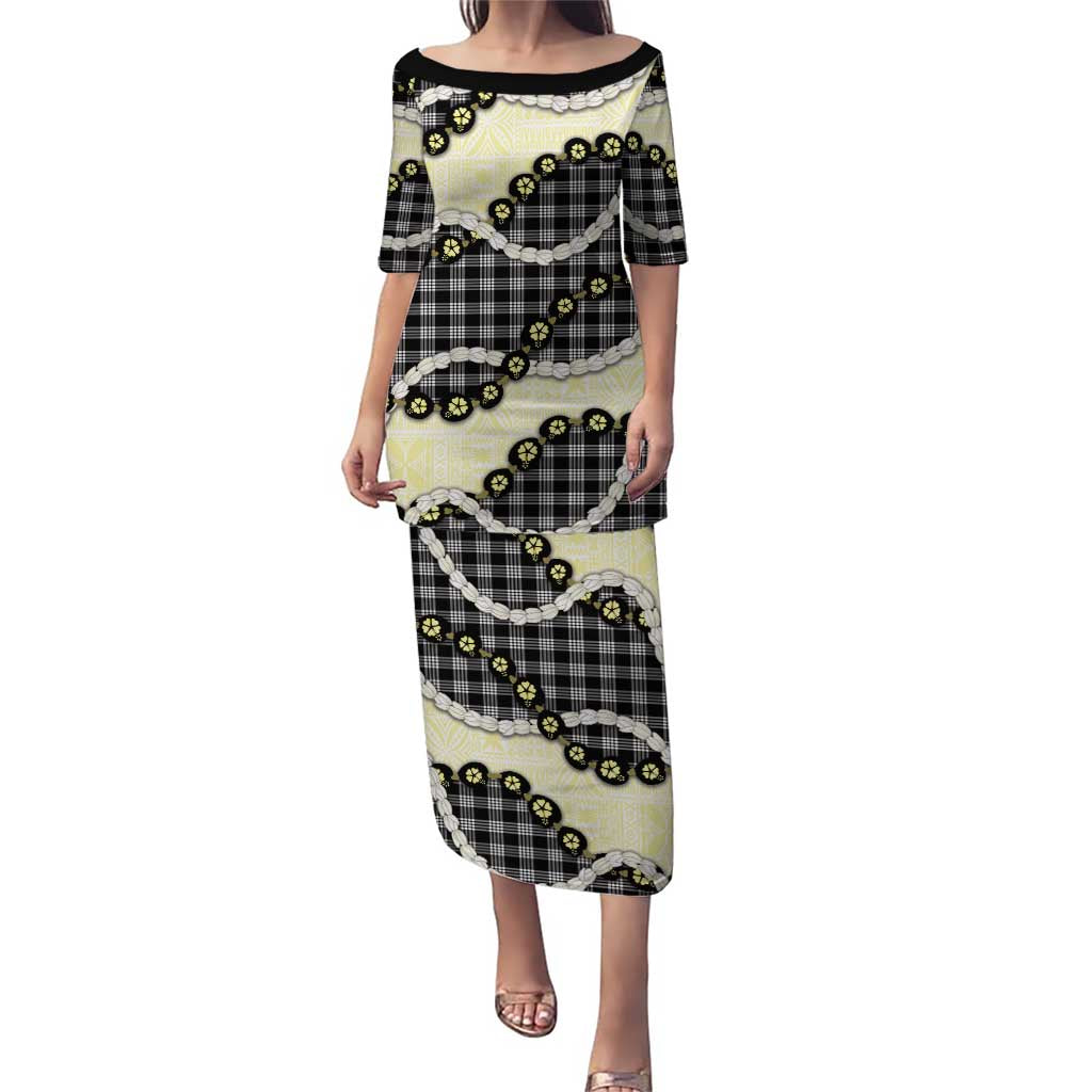 Black Palaka Hawaii Puletasi Kukui Nut Pikake Lei Hawaiian Tapa Pattern - Polynesian Pride