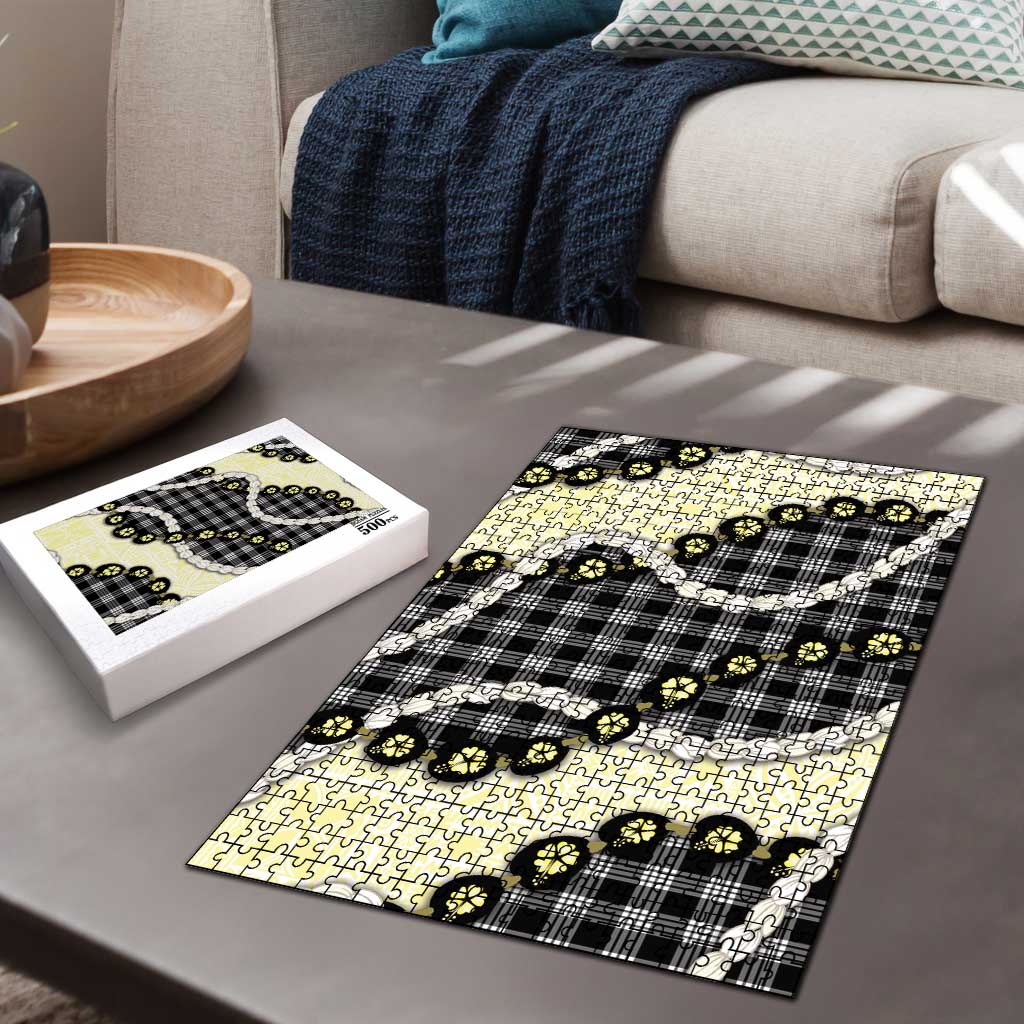 Black Palaka Hawaii Puzzle Kukui Nut Pikake Lei Hawaiian Tapa Pattern - Polynesian Pride