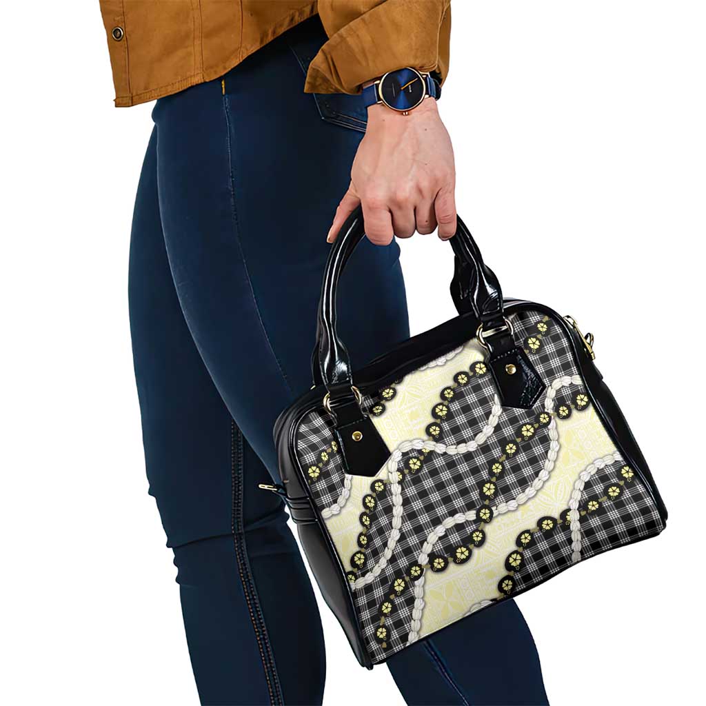 Black Palaka Hawaii Shoulder Handbag Kukui Nut Pikake Lei Hawaiian Tapa Pattern - Polynesian Pride