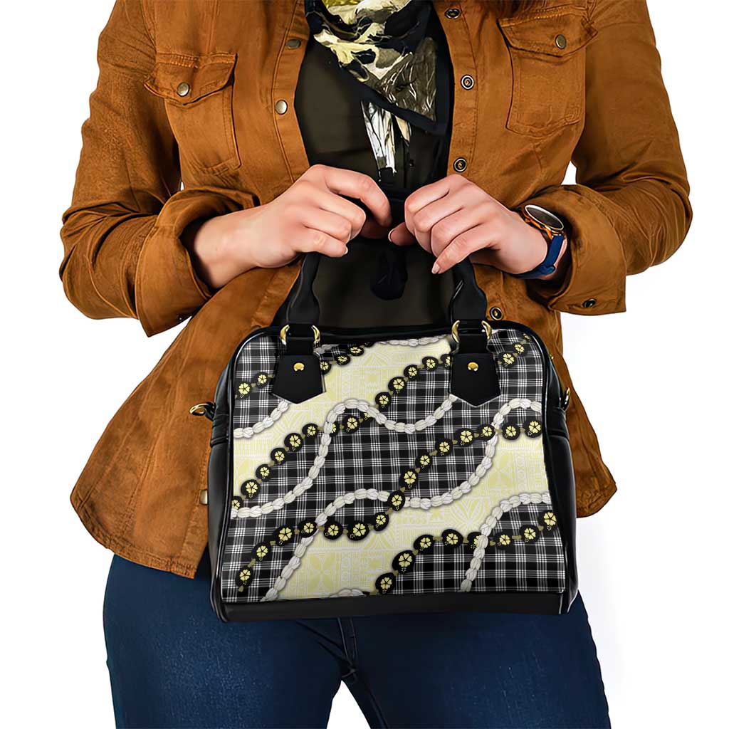 Black Palaka Hawaii Shoulder Handbag Kukui Nut Pikake Lei Hawaiian Tapa Pattern - Polynesian Pride