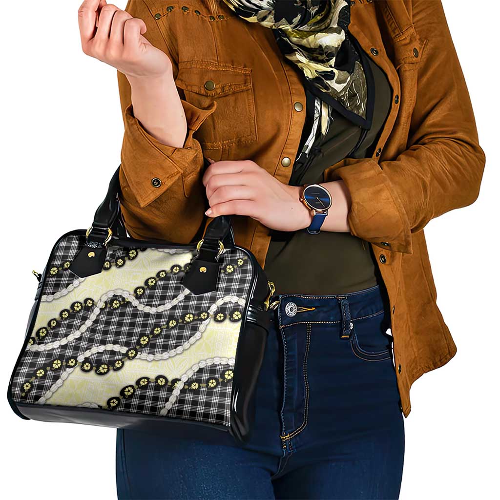 Black Palaka Hawaii Shoulder Handbag Kukui Nut Pikake Lei Hawaiian Tapa Pattern - Polynesian Pride