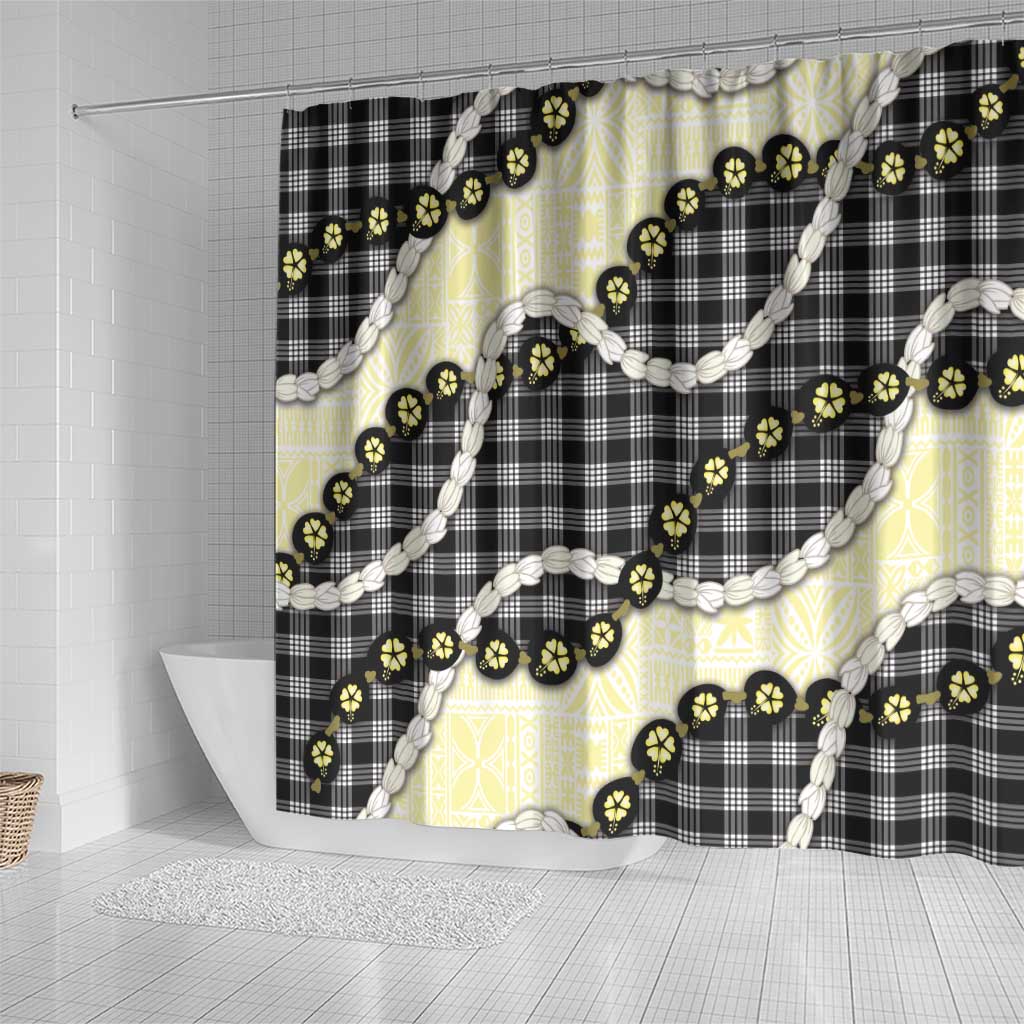 Black Palaka Hawaii Shower Curtain Kukui Nut Pikake Lei Hawaiian Tapa Pattern - Polynesian Pride