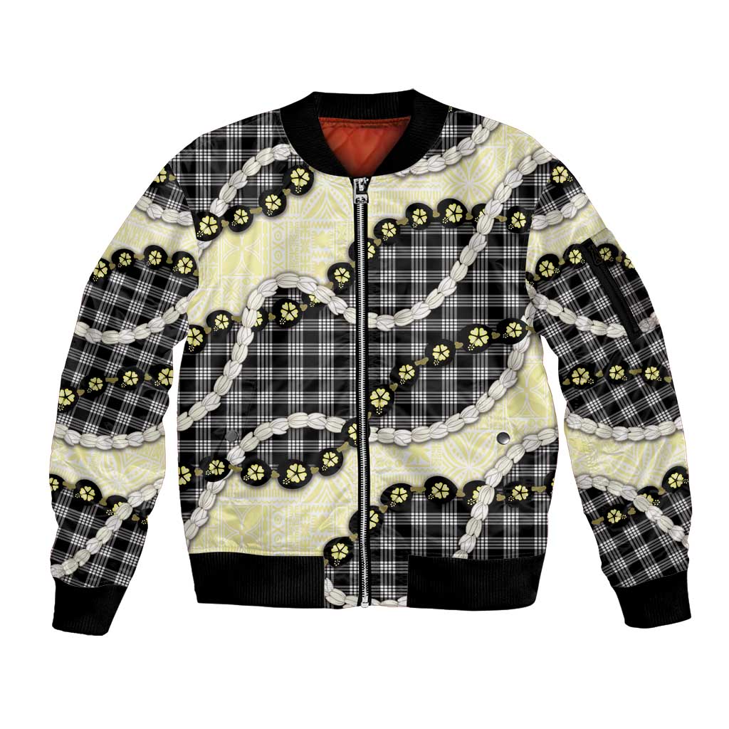 Black Palaka Hawaii Sleeve Zip Bomber Jacket Kukui Nut Pikake Lei Hawaiian Tapa Pattern LT14 Unisex Black - Polynesian Pride
