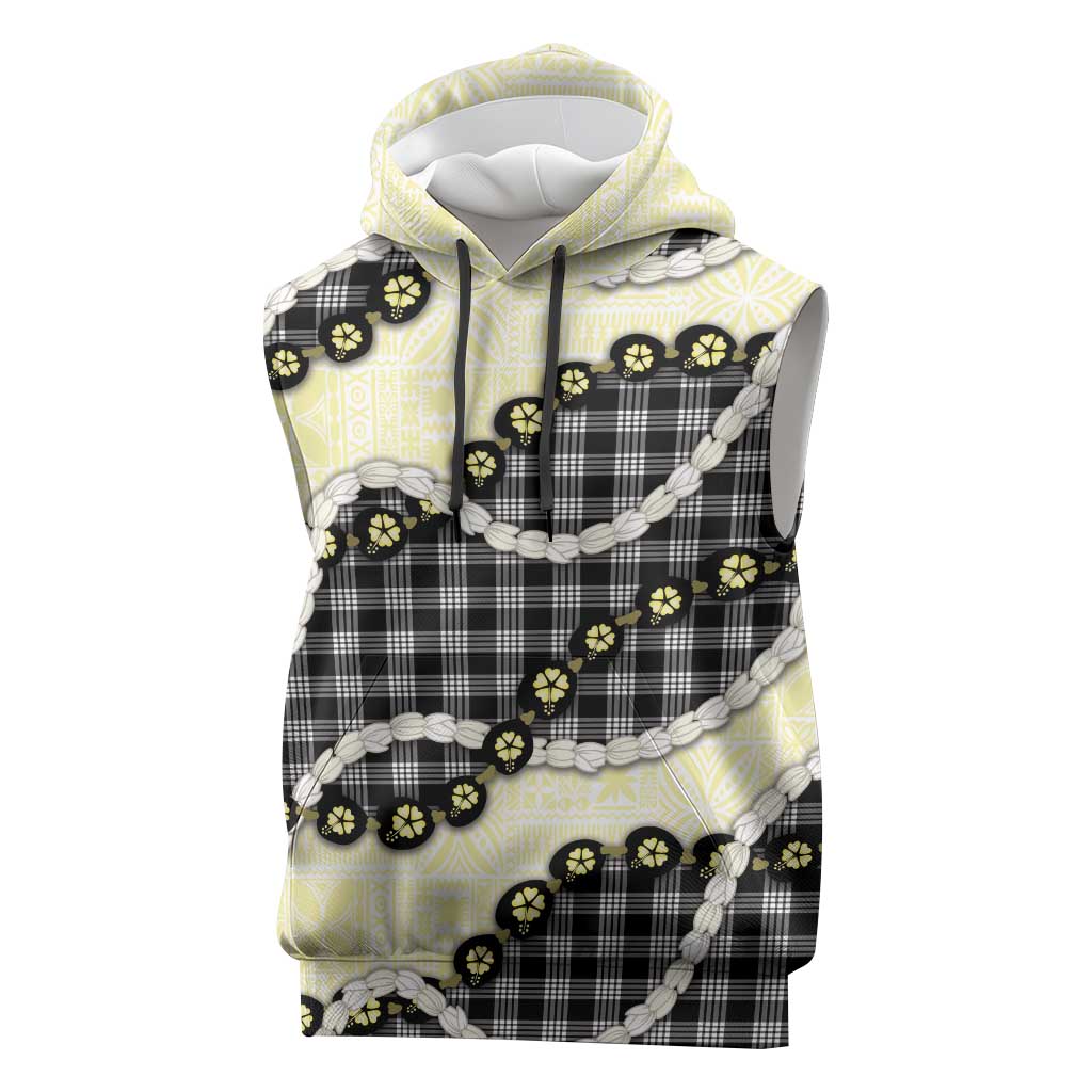 Black Palaka Hawaii Sleeveless Hoodie Kukui Nut Pikake Lei Hawaiian Tapa Pattern - Polynesian Pride
