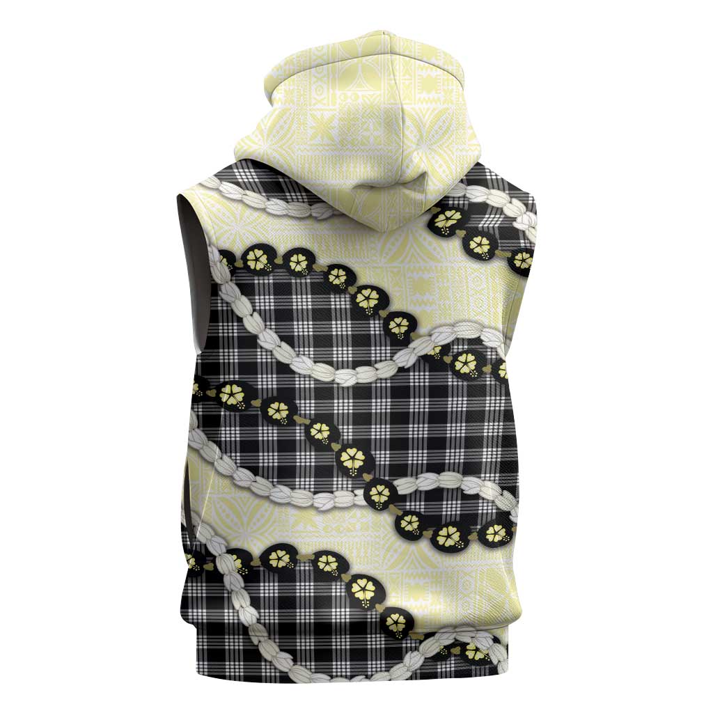 Black Palaka Hawaii Sleeveless Hoodie Kukui Nut Pikake Lei Hawaiian Tapa Pattern - Polynesian Pride