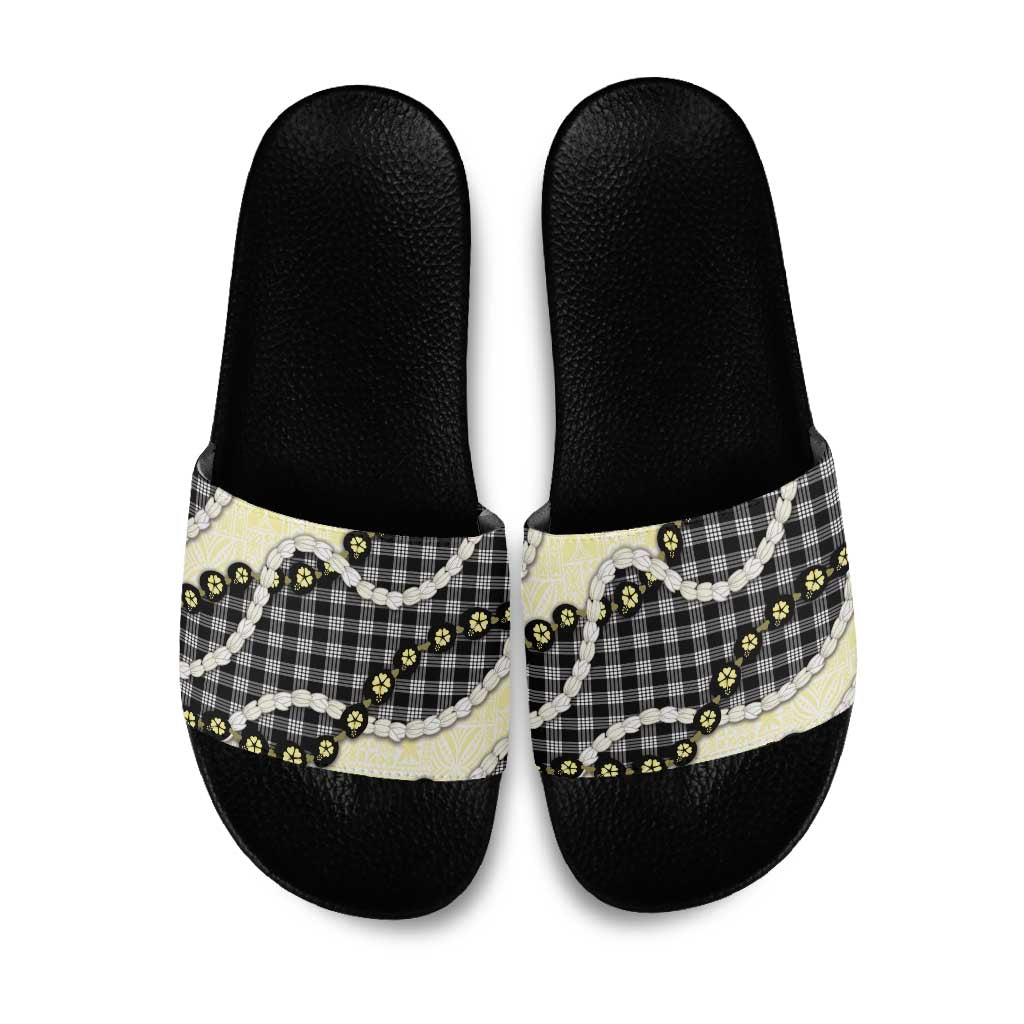 Black Palaka Hawaii Slide Sandals Kukui Nut Pikake Lei Hawaiian Tapa Pattern - Polynesian Pride