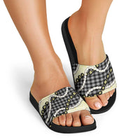 Black Palaka Hawaii Slide Sandals Kukui Nut Pikake Lei Hawaiian Tapa Pattern - Polynesian Pride
