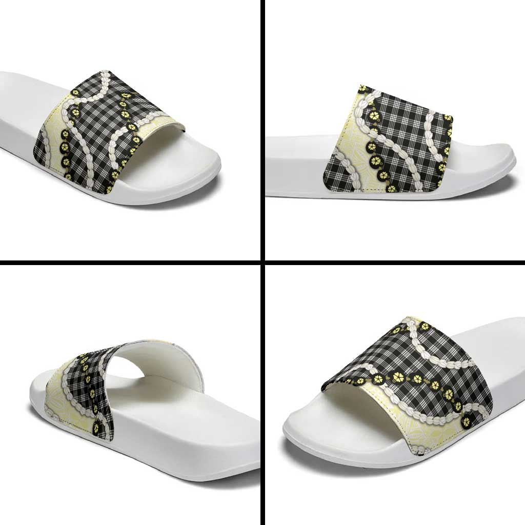 Black Palaka Hawaii Slide Sandals Kukui Nut Pikake Lei Hawaiian Tapa Pattern - Polynesian Pride