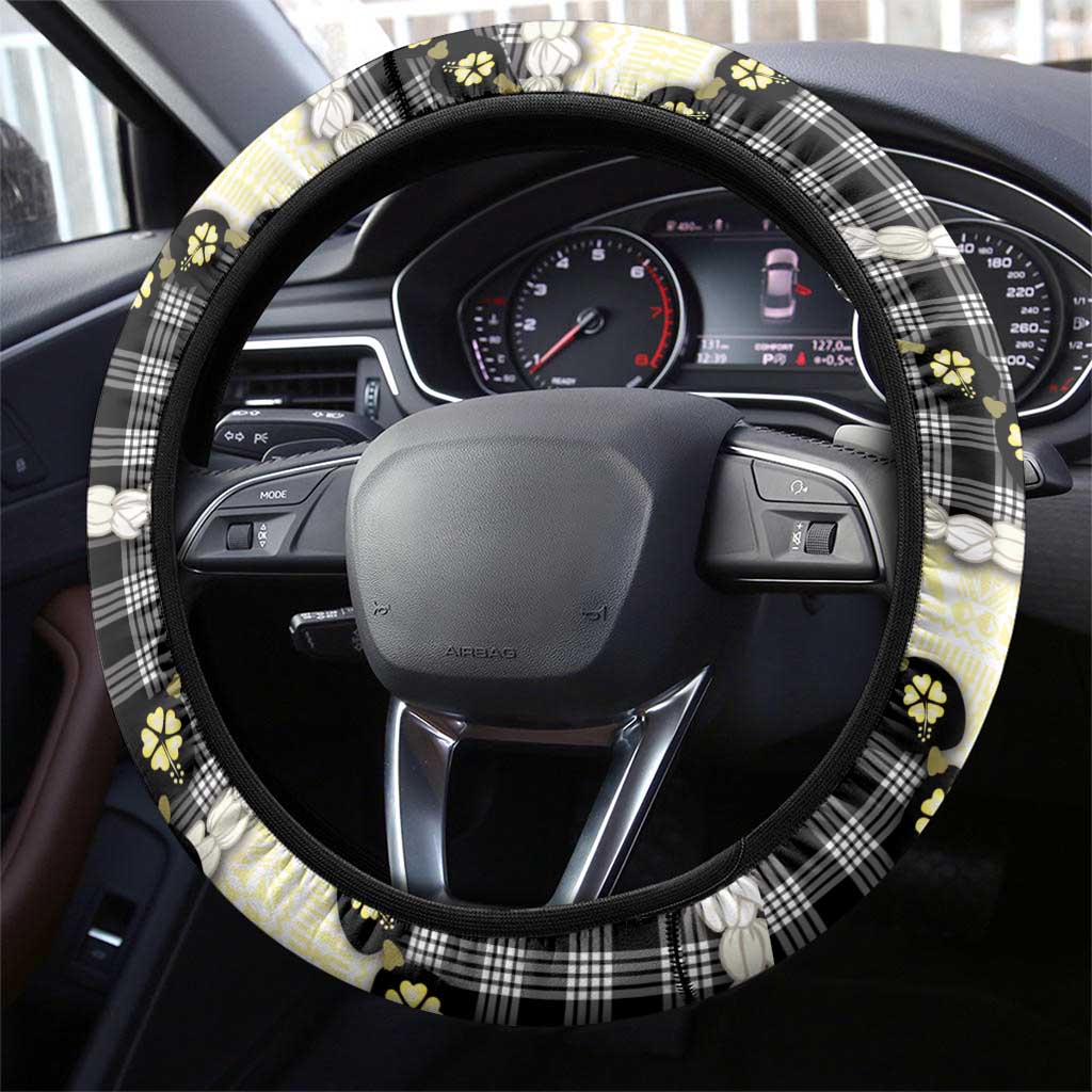 Black Palaka Hawaii Steering Wheel Cover Kukui Nut Pikake Lei Hawaiian Tapa Pattern - Polynesian Pride
