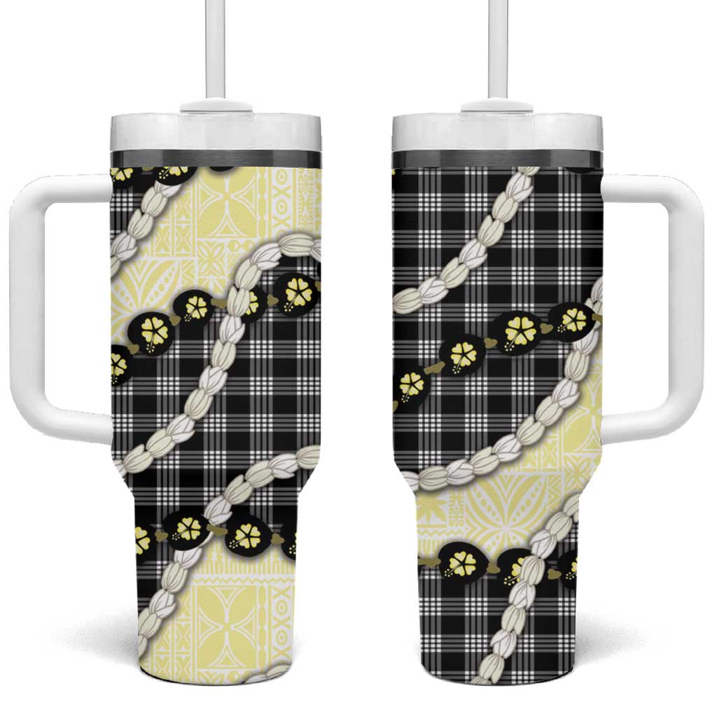 Black Palaka Hawaii Tumbler With Handle Kukui Nut Pikake Lei Hawaiian Tapa Pattern - Polynesian Pride