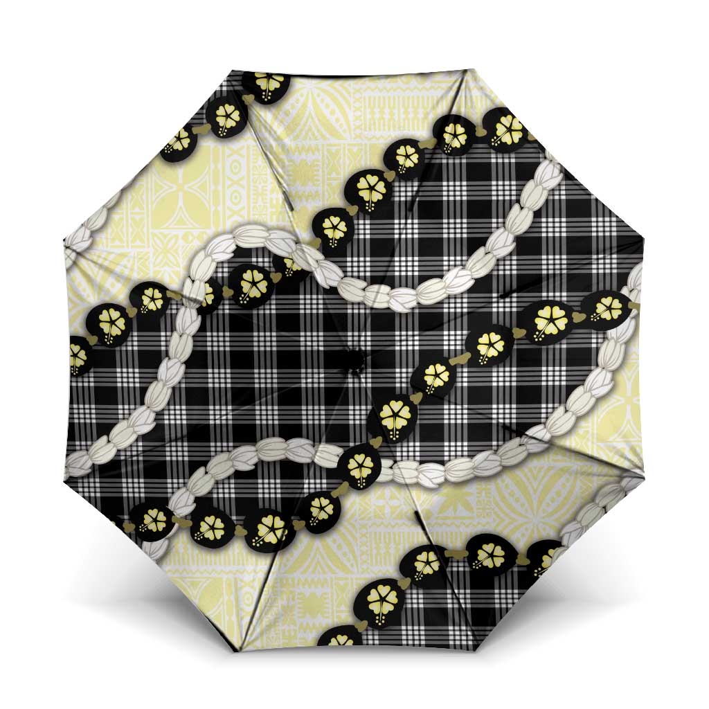 Black Palaka Hawaii Umbrella Kukui Nut Pikake Lei Hawaiian Tapa Pattern - Polynesian Pride