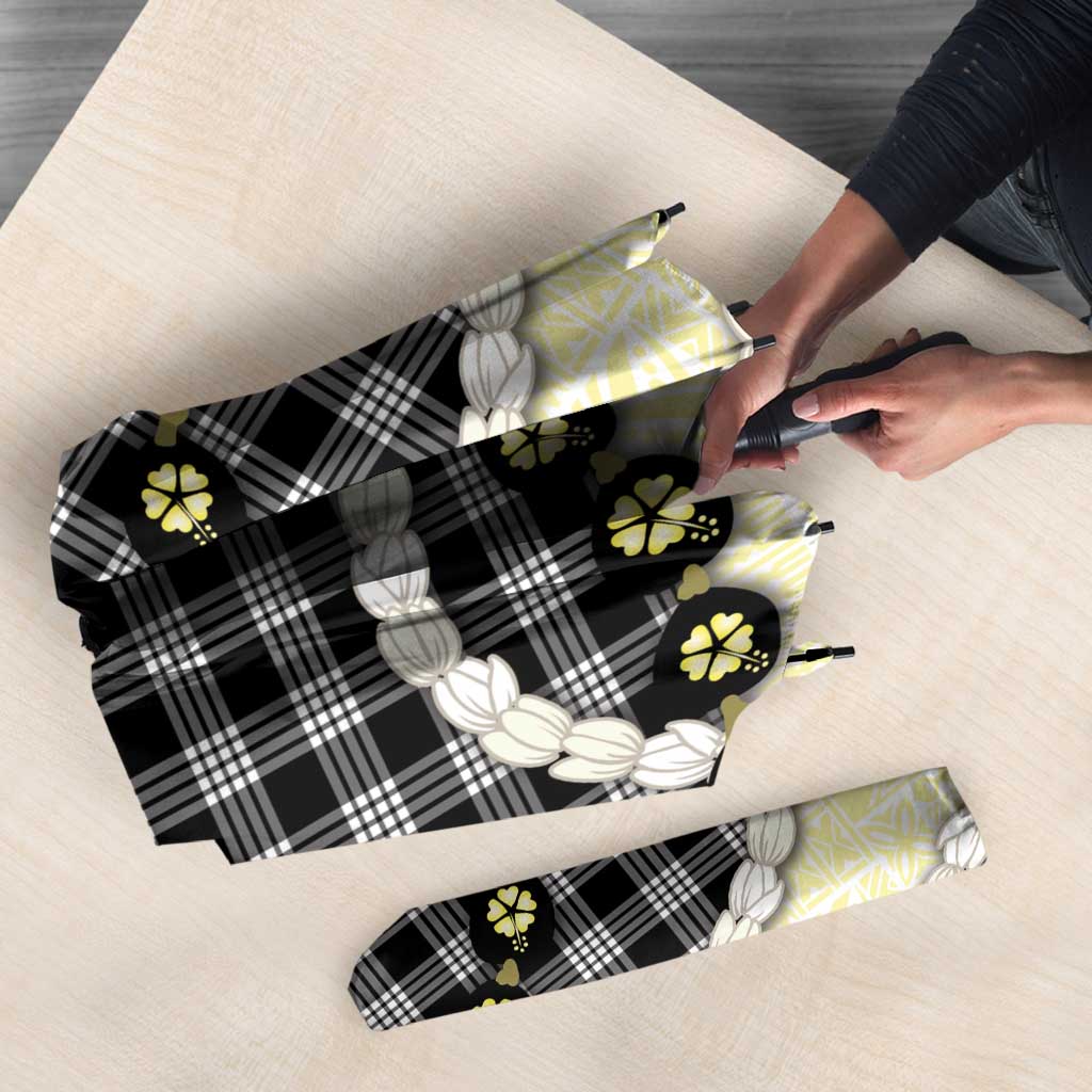 Black Palaka Hawaii Umbrella Kukui Nut Pikake Lei Hawaiian Tapa Pattern - Polynesian Pride